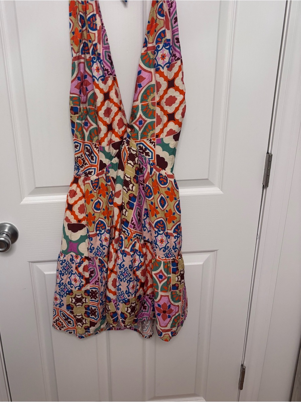 vestique Multicolor Mosaic-Print Mini Halter/ Backless Dress with Deep V